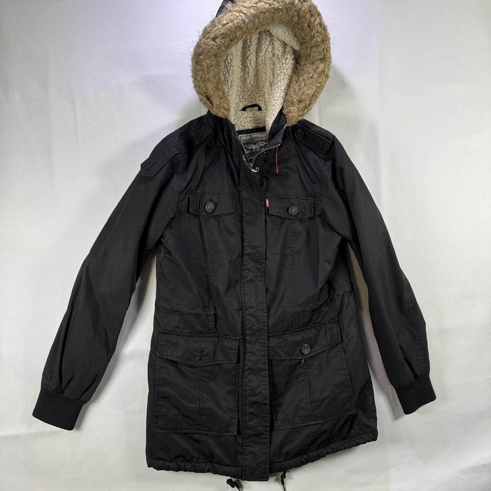 Levis Parka Coat Womens Small Black Faux Fur Hood Sherpa Lined Insulated Quilted